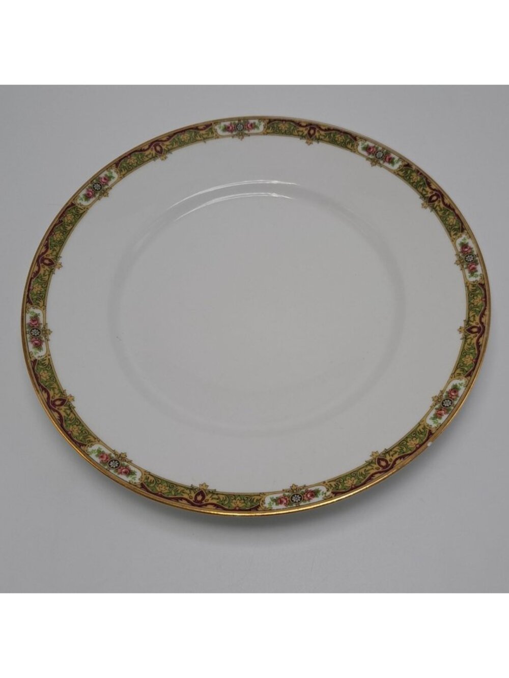 Union Ceramique LImoges France 9.75" Dinner Plate Tan Band Red Accent Floral